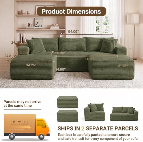 Claiks 94" Boneless Couch, U-Shape Corduroy Sectional Sofa - Image 2