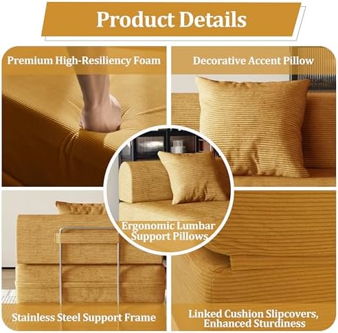 Convertible Compressed Corduroy Folding Cloud Sofa Bed, Modern Boneless Pull - Image 4