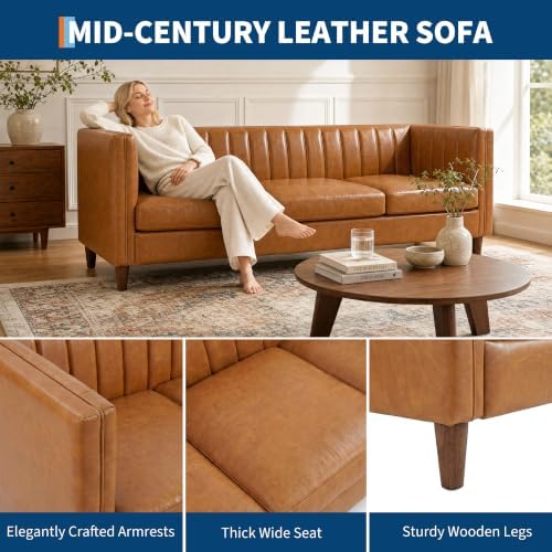 Garvee 81'' Cognac Tan Faux Leather Couch - Image 5