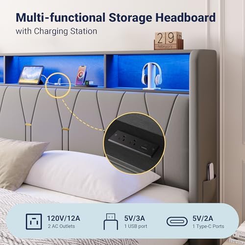 Allewie King Bed Frame with 2-Tier Storage Headboard, Charging Station & LED - Image 5