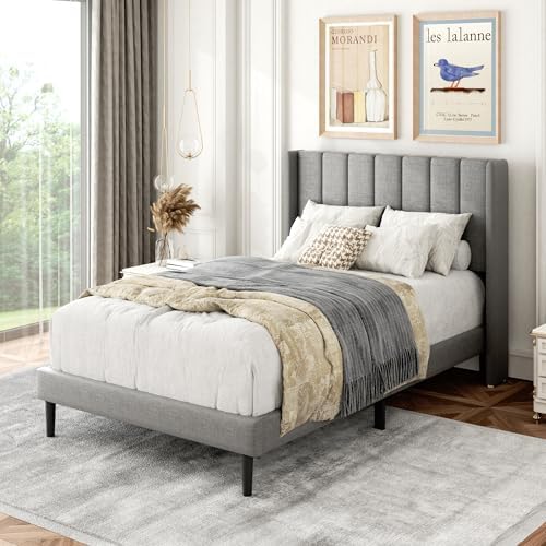Gruwans Twin Bed Frames with Wingback Headboard, Upholstered Platform Beds - Image 6