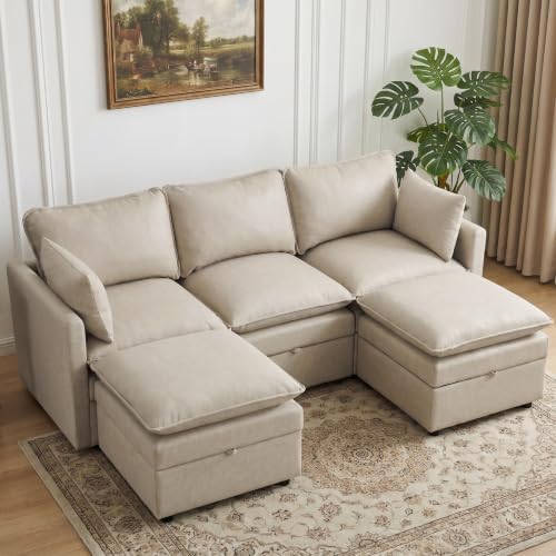 80" Beige Faux Leather Storage 3 Seater Sofa by Abbrevi