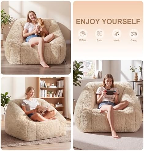 Hobestluk Bean Bag Chair Plush Accent Chair Armrest Living Room Adult Beige - Image 4
