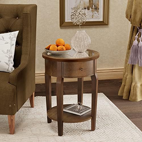COSIEST Round Nightstand with Drawer, 2-Tier MDF End Table with Storage Shelf by COSIEST