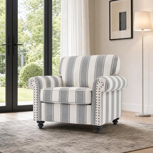 Striped Accent Chair, Comfy Reading Armchair, Light Grey - Image 7