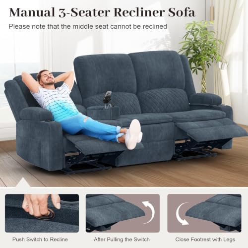 Yolsali 3 Seater Reclining Sofa, Reclining Couch Wall Hugger - Image 3