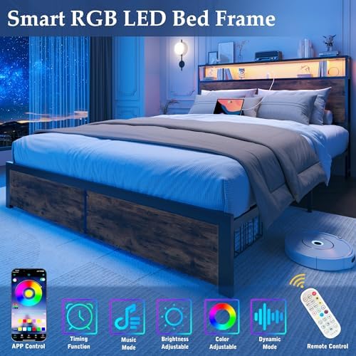 Queen Bed Frame with Charging Station, LED Lights, 2 Drawers, Rustic Brown - Image 5