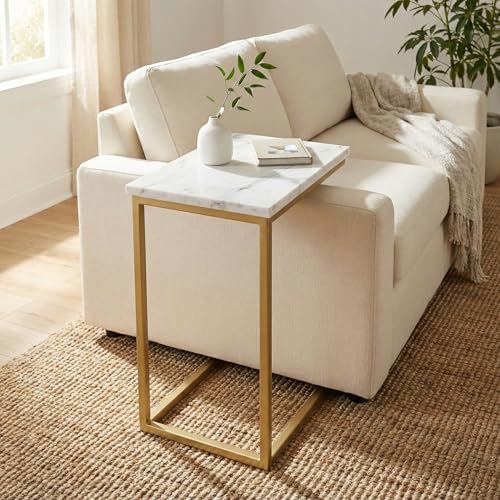 SIMPLIHOME Skyler 18" Deep Iron C-Side Table in Satin Gold/White Marble - Image 4