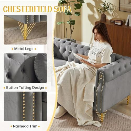 2 Piece Chesterfield Velvet Combination Sofa - Image 4