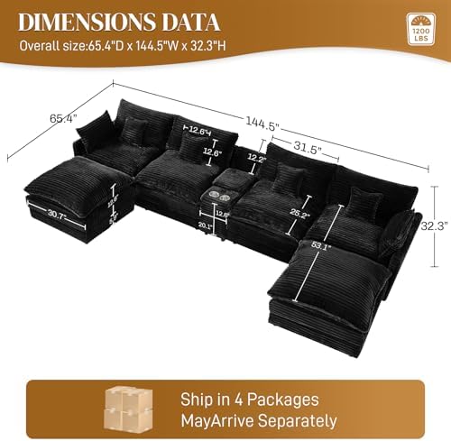145" Cloud Couch Oversized U Shaped Jet Black Sectional Couches - Image 2