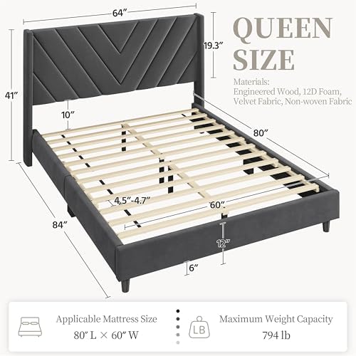 Yaheetech Queen Bed Frame with Chevron Channel-Tufted Headboard, Deep Gray - Image 2