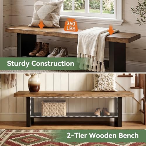 55" Solid Wood Bench with Shoe Storage, 2-Tier Farmhouse Entryway Bench - Image 5