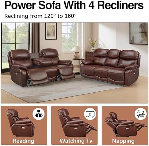 Brown Top Grain Leather Power Recliner Sofa Couch Set - Image 6