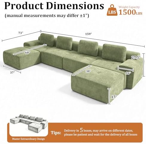 159" U Shaped Oversized Cloud Couch, Comfort Boneless Sectional Couches - Image 2