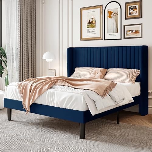 SHA CERLIN Full Size Velvet Bed Frame, Tufted Wingback Headboard by SHACERLIN
