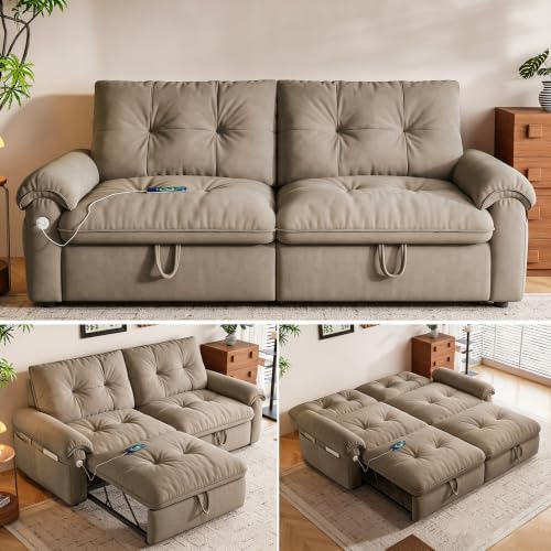 77.2" Sleeper Sofa Bed Full, Pre-Assembled Flannel Pull Out Sofa by Tabaray