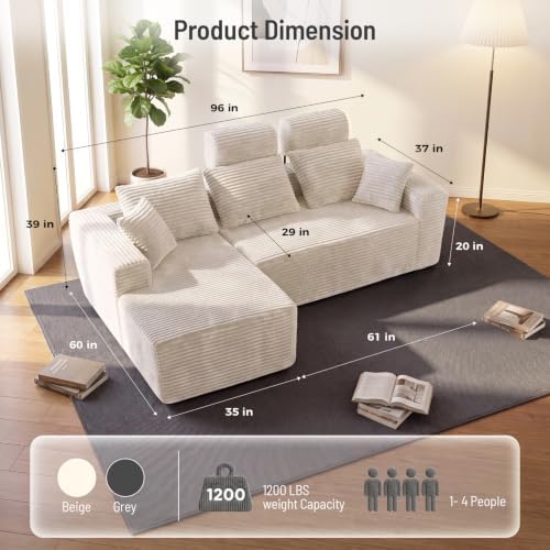 96" Boneless Couch, High Back Support L Shaped Oversized Living Room Sofa - Image 2