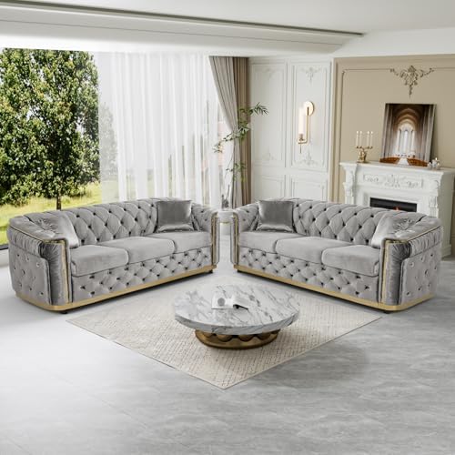 2-Piece 84.6" Velvet Sofa Set, Chesterfield Tufted by DAMAIFROMFURNITURE