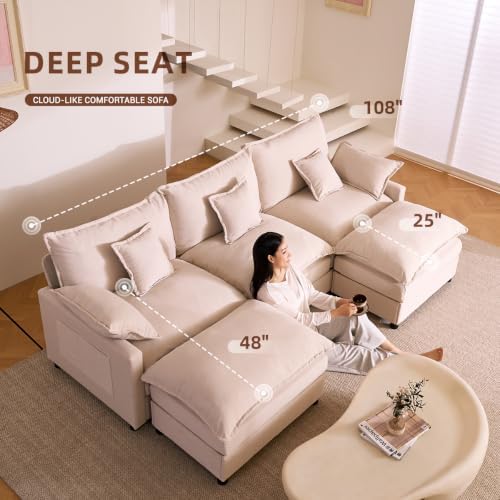 GOSUHI 108" U-Shaped Modular Cloud Couch, Deep Seat, Linen Beige - Image 2