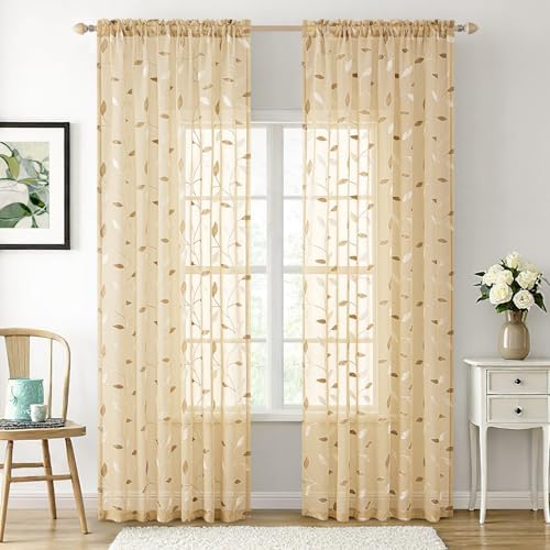 MIULEE Khaki Sheer Curtains 2 Panels Embroidered Leaf Patterned, W52 x L96 - Image 2
