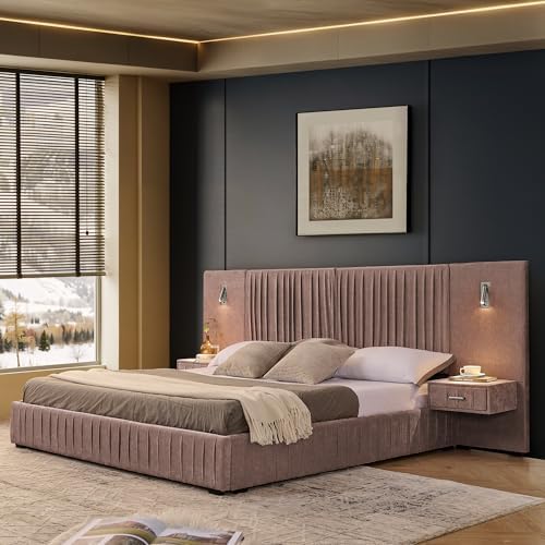 King Size Bed Frame with LED Lights and Nightstands, Modern Chenille by Kolavess