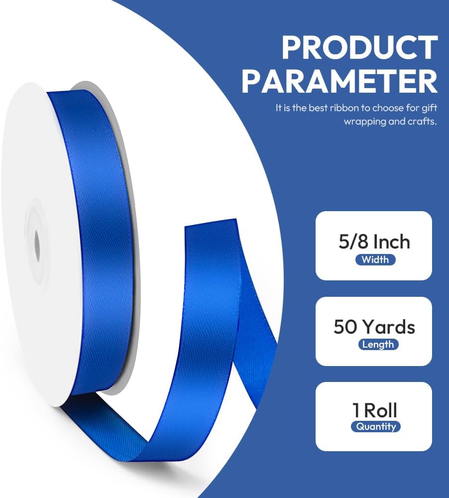 5/8" x 50 Yards Satin Ribbon - Royal Blue Silk Ribbon with Spool - Ideal for Gift Wrapping, Floral Bouquets, Crafts, Wedding Party Decorations, Christmas and Sewing Projects