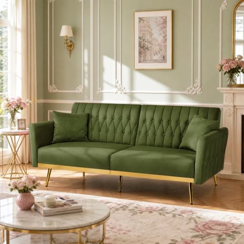 70” Velvet Futon Sofa Bed w/Adjustable Armrests, Olive Green - Image 5