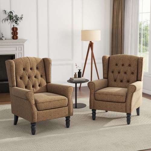 High Back Accent Chairs Set of 2, Fabric Wingback Armchair - Image 6