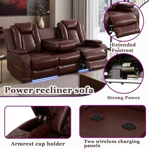 Power Recliner Set with LED Lights, Air Leather Reclining Sofa Set with USB - Image 3