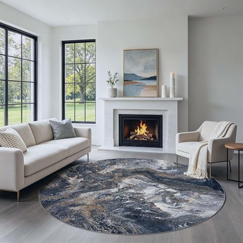 Large Blue Round Rug 6ft: Modern Abstract Round Area Rugs by Luxcrest