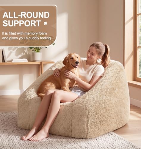 Hobestluk Bean Bag Chair Plush Accent Chair Armrest Living Room Adult Beige - Image 3