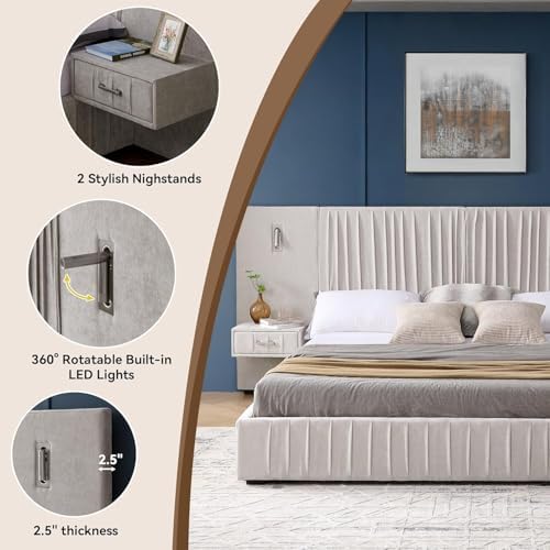 King Size Bed Frame with LED Lights and Nightstands, Modern Chenille - Image 4