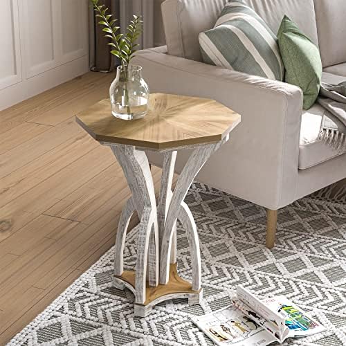 COSIEST Set of 2 Rustic Accent End Table, Octagonal Farmhouse Wood Side Table - Image 2