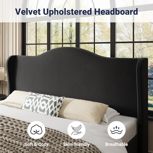 Allewie King Size Bed Frame, Plush Velvet Wingback, Modern Style - Image 4