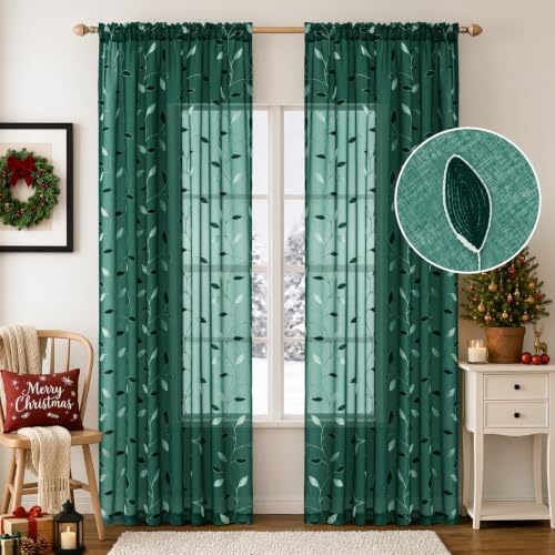 MIULEE Christmas Hunter Green Sheer Curtains Leaf Patterned, W52 x L84 - Image 2