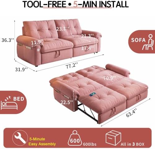 77.2" Sleeper Sofa Bed Full, Pre-Assembled Flannel Pull Out Sofa - Image 2