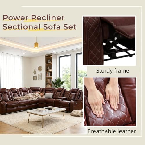 Breathing Leather Reclining Sofa Set, Power Recliner Sectional Couch - Image 5