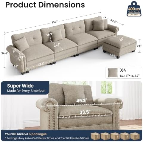 PHI VILLA 150" Oversized Modular Sectional Couch L Shaped - Image 2