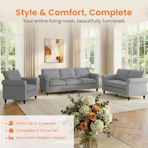 ijuicy 3 Pcs Sectional Sofa Set -Modern Linen Upholstered Couch-Light Gray - Image 3