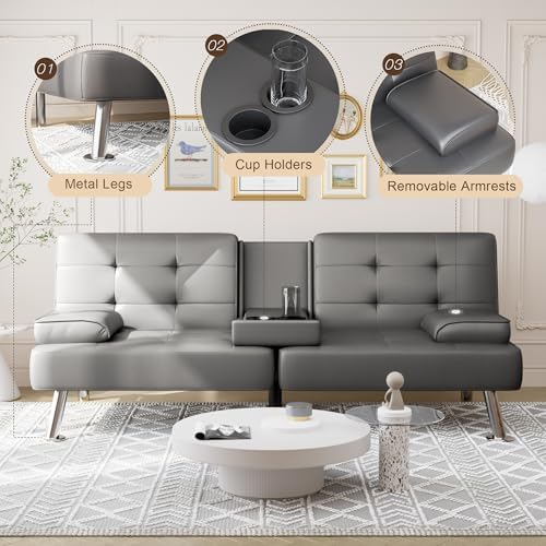 Shahoo Leather Convertible Futon Sofa Bed, Folding Sleeper Loveseat Couch - Image 5