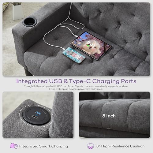 Mid-Century Modern Tufted Loveseat Sofa Set w/ 2 USB & 2 Cupholders - Image 3