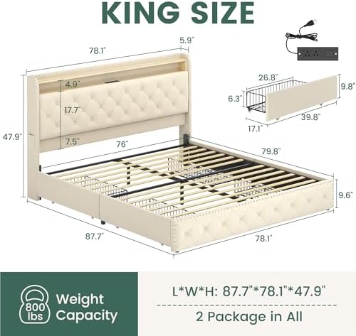 LARMACE King Bed Frame with 4 Storage Drawers, LED & USB Charging - Image 2