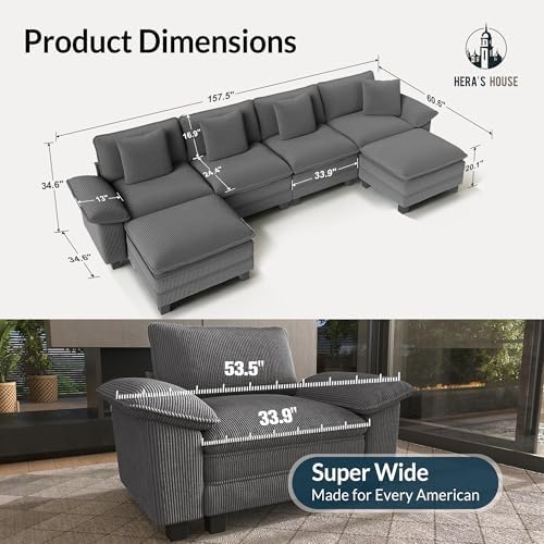 HERA'S HOUSE 158" Oversized Modular Sectional U Shaped Sofa, Corduroy Grey - Image 2