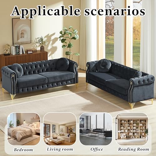 2 Pieces Black Velvet Chesterfield 82" 3-Seater Sofa Sets - Image 7