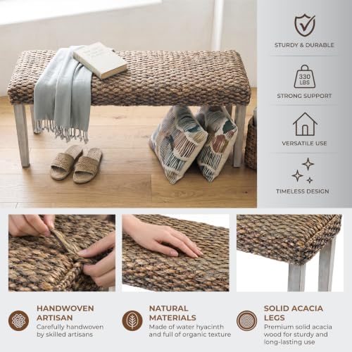 Solid Acacia Wood Bench with Natural Woven Water Hyacinth Seat - Image 3