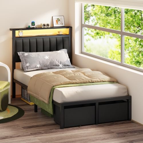 Furnulem Twin Bed Frames with Storage Drawers and Upholstered Headboard - Image 4