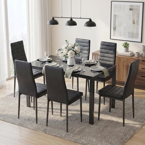Gizoon Black 7 Piece Glass Dining Table Set, Kitchen Table - Image 6
