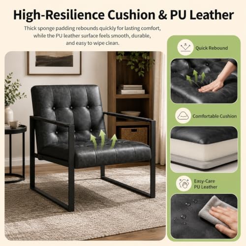 Black Leather Accent Chair, Mid Century PU Leather Armchair - Image 4