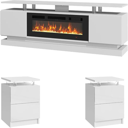 3-Piece Modern Living Room Table Set, Includes High Gloss 70" Fireplace TV by Nordivale