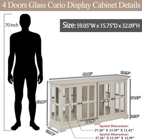 59" Glass Curio Display Storage Cabinet, 4 Doors LED Light Multipurpose - Image 2